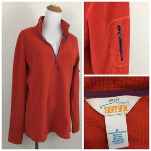 ORVIS Trout Bum Red/Orange'ish Zip Pocket Sleeve Purple Trim Fleece Jacket